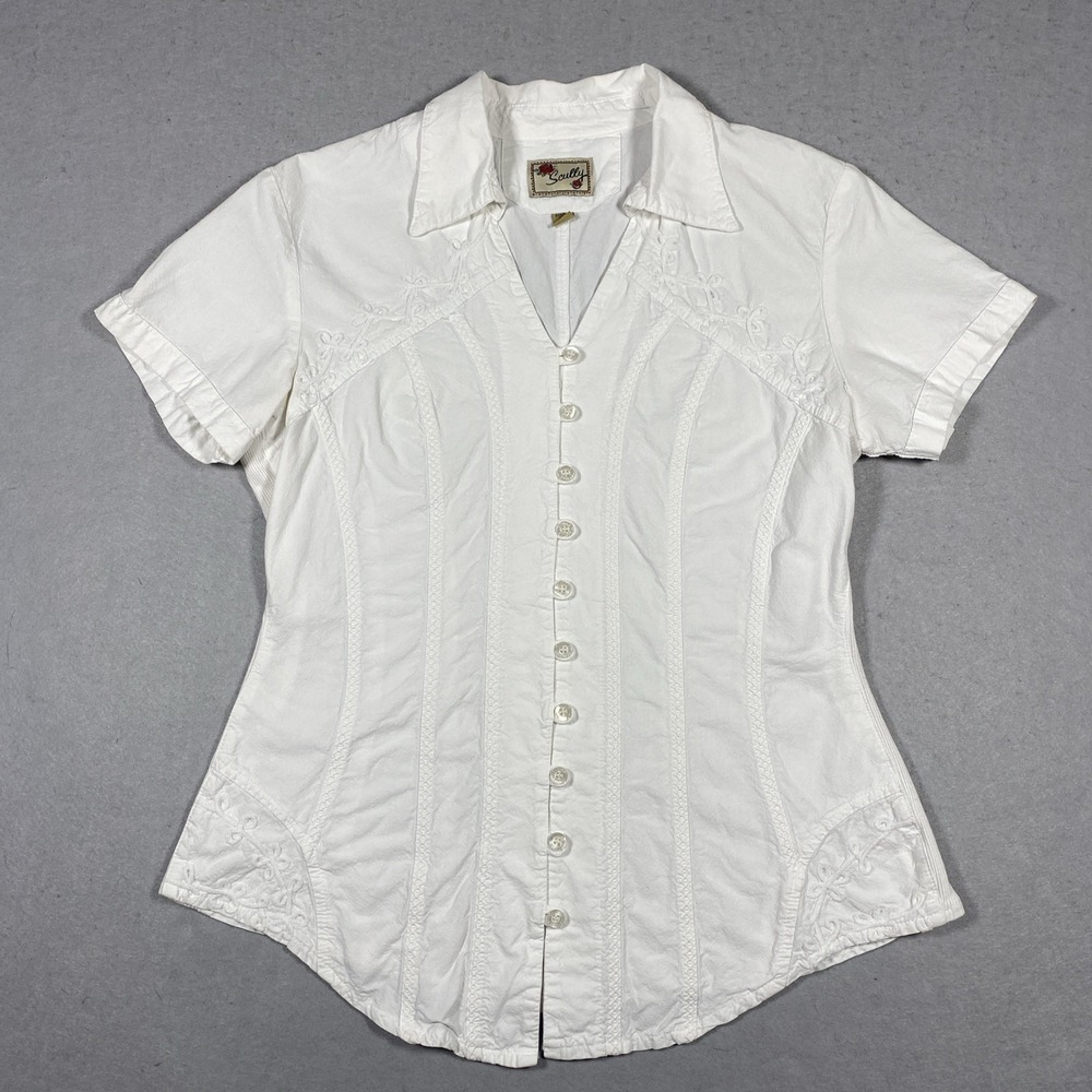 SCULLY Women's M White Peruvian Cotton Embroidered Short Sleeve Boho Blouse Top
